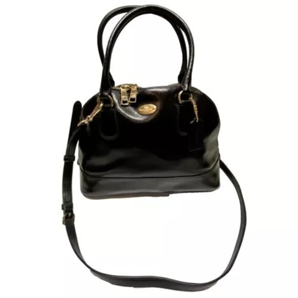 Coach Cora F36703 Patent Crossgrain Leather Black Gold Convertible Shoulder Bag - Picture 1 of 16